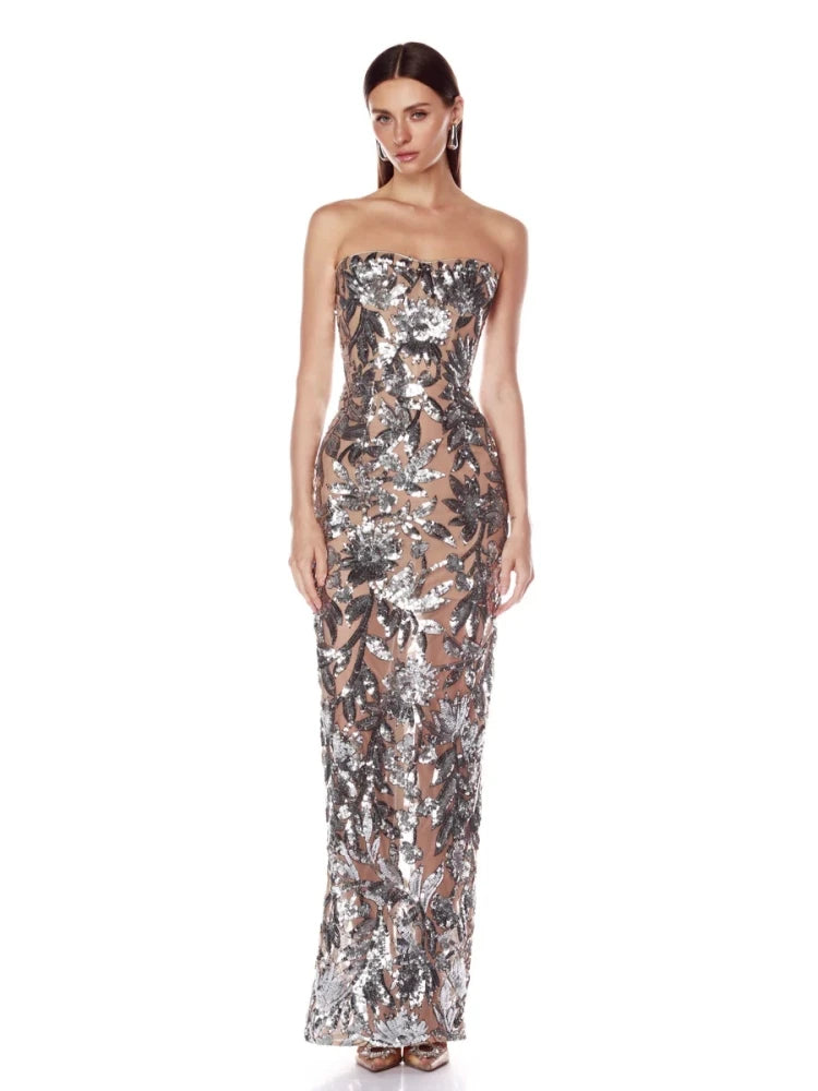 Strapless sheath sequined leaf applique ankle-length dress profile