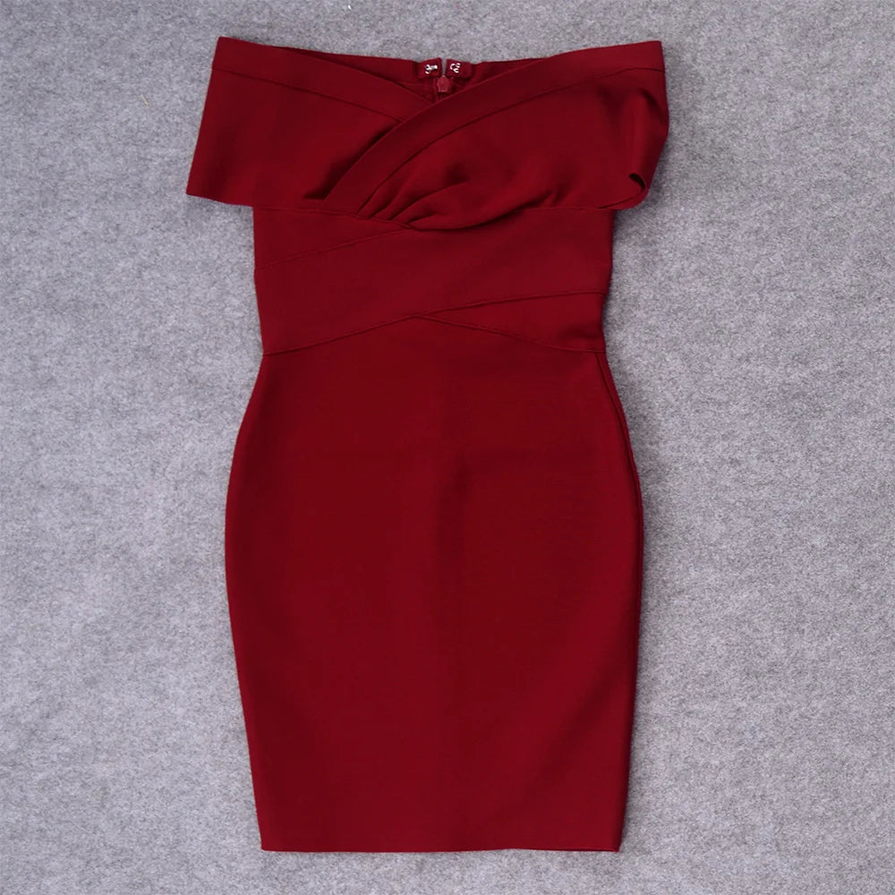 Red off-shoulder dress on a gray background