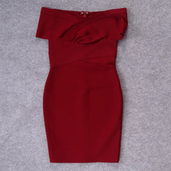 Red off-shoulder dress on a gray background