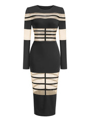 Black and beige dress with striped pattern on a white background