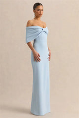 Light blue off-shoulder bow maxi dress detail