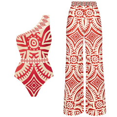One-shoulder swimsuit with geometric print
