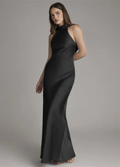 Black halter neck sleeveless satin maxi gown back view