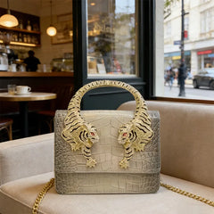 Tiger Handle Leather Handbag