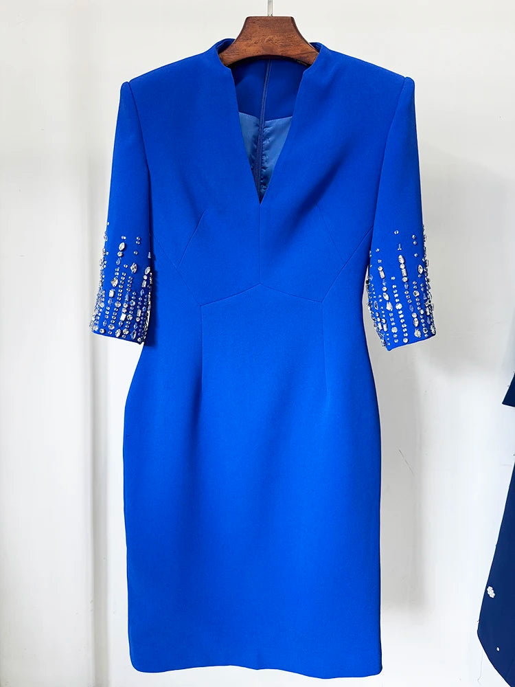 Royal blue V-neck dress with beaded three-quarter sleeves, detail