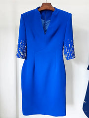 Royal blue V-neck dress with beaded three-quarter sleeves, detail