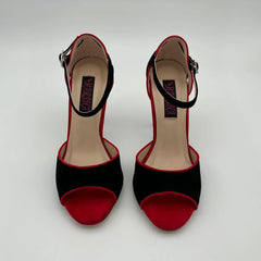 Black red suede high heel shoes front view