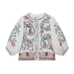 Embroidered white blouse with paisley and floral patterns, featuring lantern sleeves and an open front.