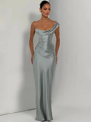 Satin Bodycon One Shoulder Cowl Neck Maxi Dress
