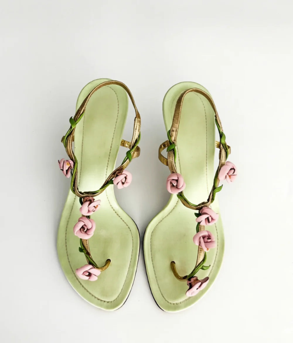 Gold colored floral thong slingback flat sandals