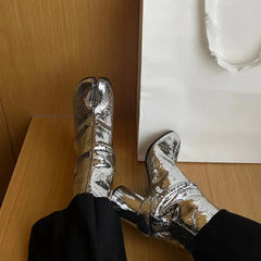 Silver Split Toe Tabi Shoes Leaher Chunky Heels Booties