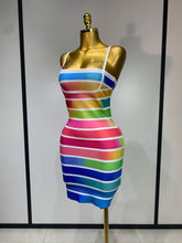 Colorful striped body-con mini bandage dress front view