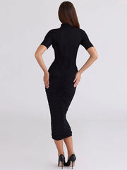 Black Ruched Turtleneck Short Sleeve Midi Dress