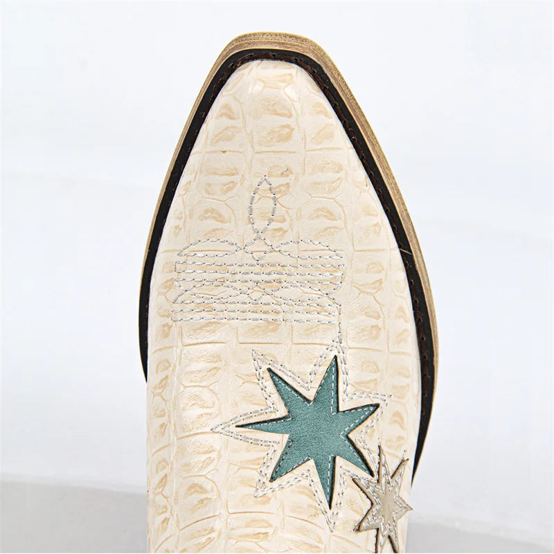 Close-up of a white boot with star design on a light gray background