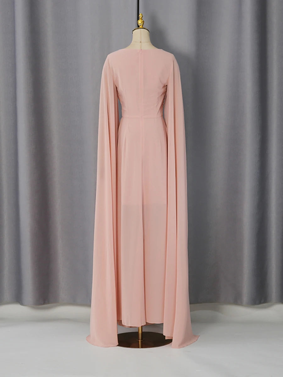 Draped chiffon cape sleeve maxi dress mannequin back view
