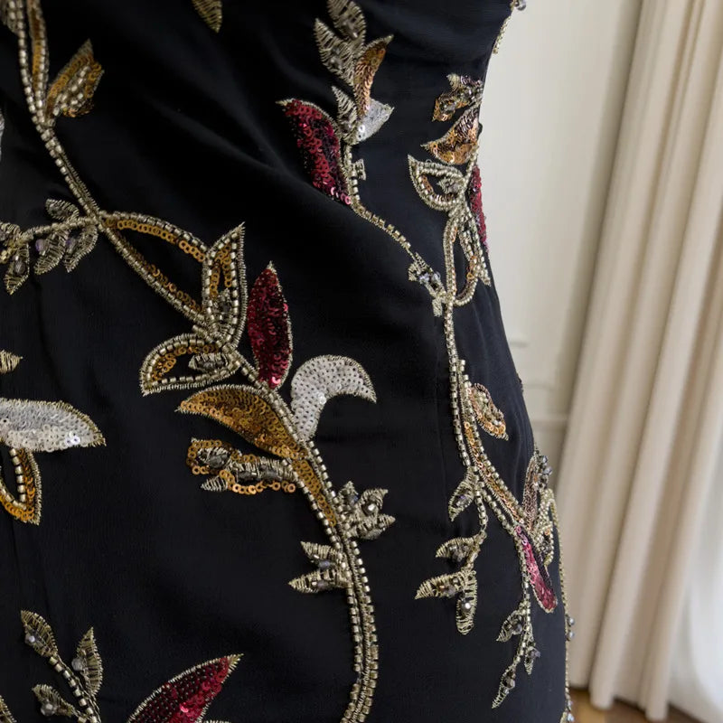 Floral Embellished Spaghetti Strap Dress Embroidery Detail