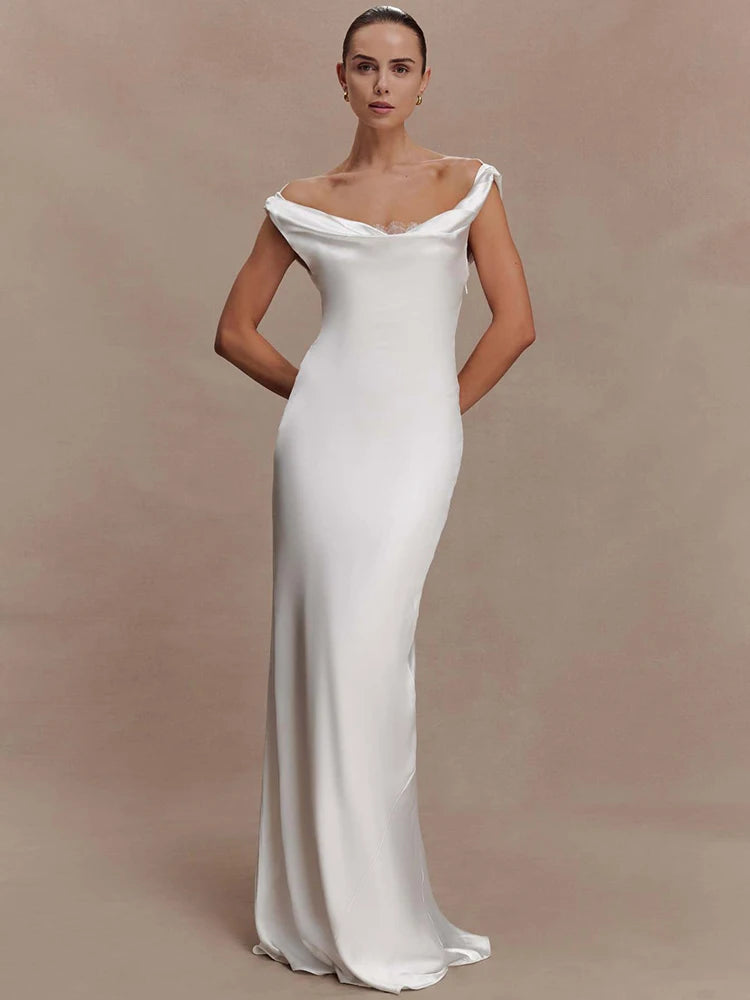 Off-shoulder cowl neck maxi dress in white