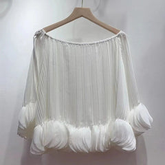 Pleated Off Shoulder Petal Hem Long Sleeve Top