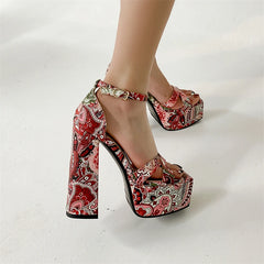 Floral Print Platform Block Heel Sandals