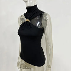 Black sleeveless top on a mannequin with a plain background