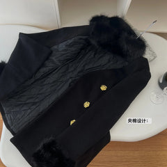 Fur Collar Black Woollen Coat Double Breasted Buckle Dress