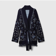 Navy blue patterned robe on a light gray background