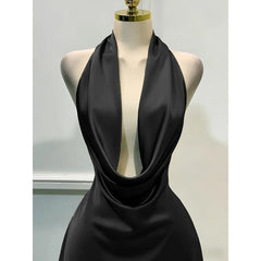 Satin Halter Neck Cowl Neck Mini Dress