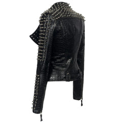 Black leather jacket with silver studs on a white background