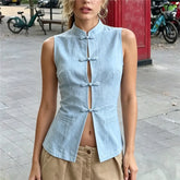 Light blue mandarin collar frog button vest