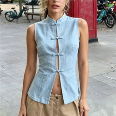 Light blue mandarin collar frog button vest