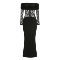 Black Off-Shoulder Lace Panel Gown