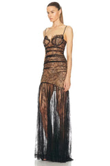 Black Lace Mesh Bodycon Gown with Sheer Overlay