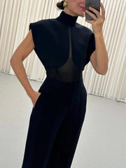 High neck mesh patchwork bodysuit detail