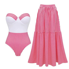 White and red striped sweetheart neckline swimsuit with matching tiered maxi skirt