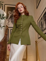 Ruched Pleated Buttoned Mandarin Collar Blazer