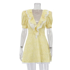 Yellow Floral Ruffle V-Neck Puff Sleeve Mini Dress