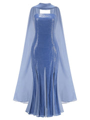 Sequin Strapless Mermaid Hem Patchwork Maxi Dress With Scarf