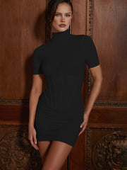 Turtleneck Short Sleeve Ruched Mini Dress