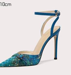 Blue high-heeled shoe with a patterned sole on a white background