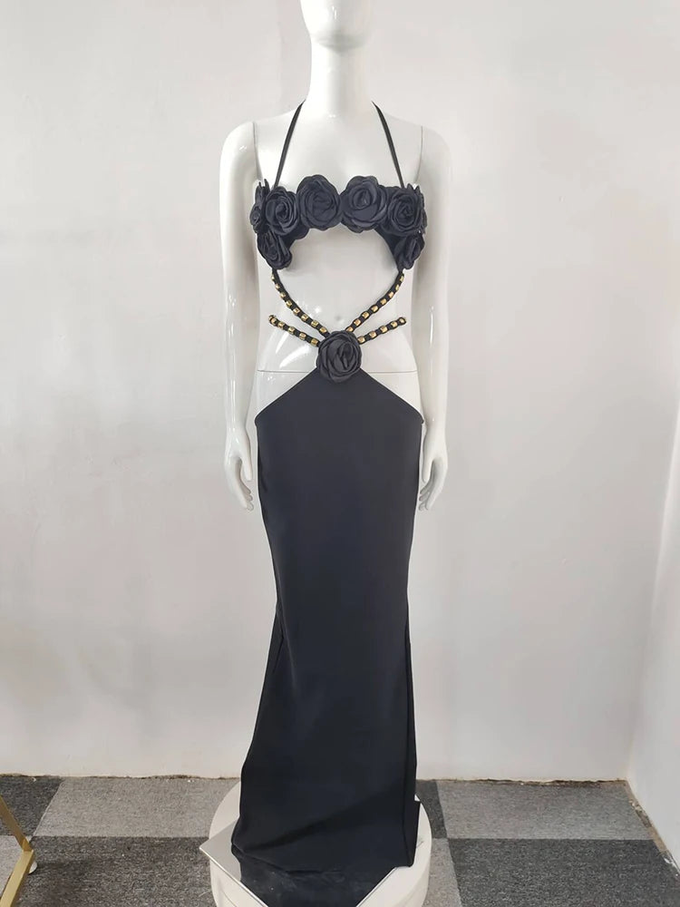 Halter neck floral maxi dress on mannequin front view