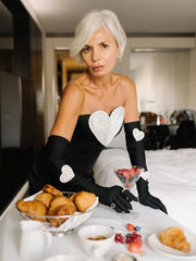 Women's Love Shaped Diamond Design Black Mini Dress With Gloves