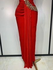 Red Rhinestone Embellished One Shoulder Draped Maxi Dress
