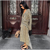 Striped V-Neck Maxi Dress with full sleeves