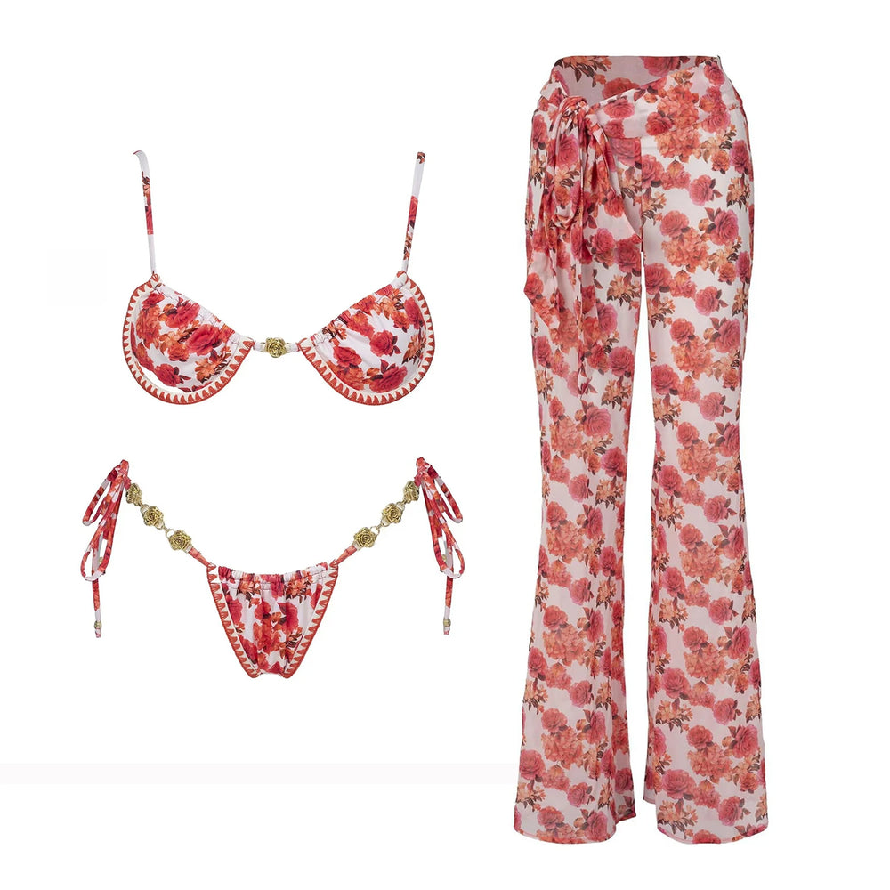 Floral print bikini set with flared pants