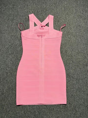 Pink V-Neck Halter Mini Bandage Dress