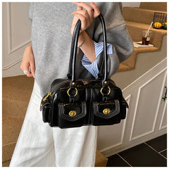 Microfiber Leather Vintage Pocket Satchel – Black & Burgundy