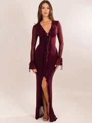 Burgundy ruffled mesh sleeve v-neck maxi dress