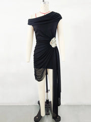 Diagonal Collar Vintage Patchwork Mini Dress with Sculpted Detail