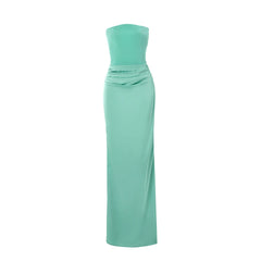 Mint green strapless gown on a white background