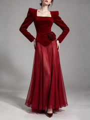 Velvet square neck maxi dress with floral appliqué